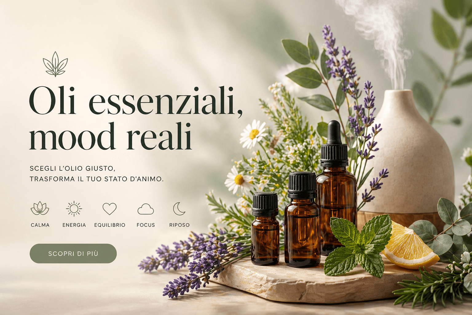 Oli essenziali, mood reali con flaconi, diffusore e piante aromatiche